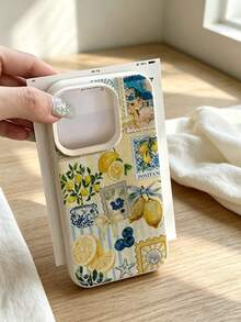 1 buah Casing Ponsel Kulit Berwarna Putih Gading dengan Motif Kolase Cetak Lemon dan Blueberry Positano yang Dilukis Tangan, Tahan Gores dan Tahan Lama, Aksesori Ponsel Gaya Pantai Musim Panas yang Segar, Kompatibel dengan Apple 18 18pro 18promax 17 17pro 17promax 16 15 14 13 12 11promax, Casing Pelindung Air, Cocok dan Kompatibel dengan Seri - MultiWarna - View 1