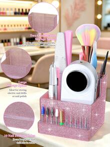 1pc Rhinestone Luxury Nail Tool Storage Organizer Box, Multi-Slot Nail Accessory Storage Container, Holds Nail Drill, Nail Files, Nail Brushes, Nail Drill Bits, Suitable For Nail Studio, Home Nail Desk Decoration Storage Rack - Multicolor - View 6