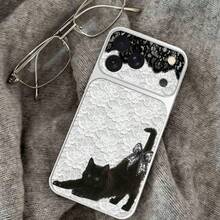 1 buah Casing Ponsel TPU Bahan Hitam & Putih dengan Motif Kucing Hitam Manis dan Keren, Kompatibel dengan iPhone 17 Pro Max/17/16 Pro Max/15/14/13/12/11, Perlindungan Ponsel Full Cover Anti-Jatuh, Casing Lembut Pelindung Ponsel - Perak - View 5