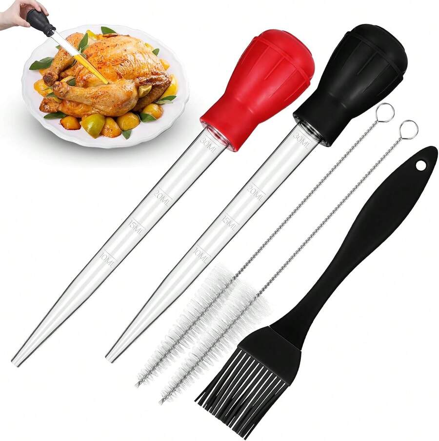 Boao 5 Pieces Nylon Heat-Resistant Turkey Baster Cooking Set Includes Meat Baster, 1 Silicone Basting Brush And 2 Cleaning Brush For BBQ Grill Baking - ColorA - View 1
