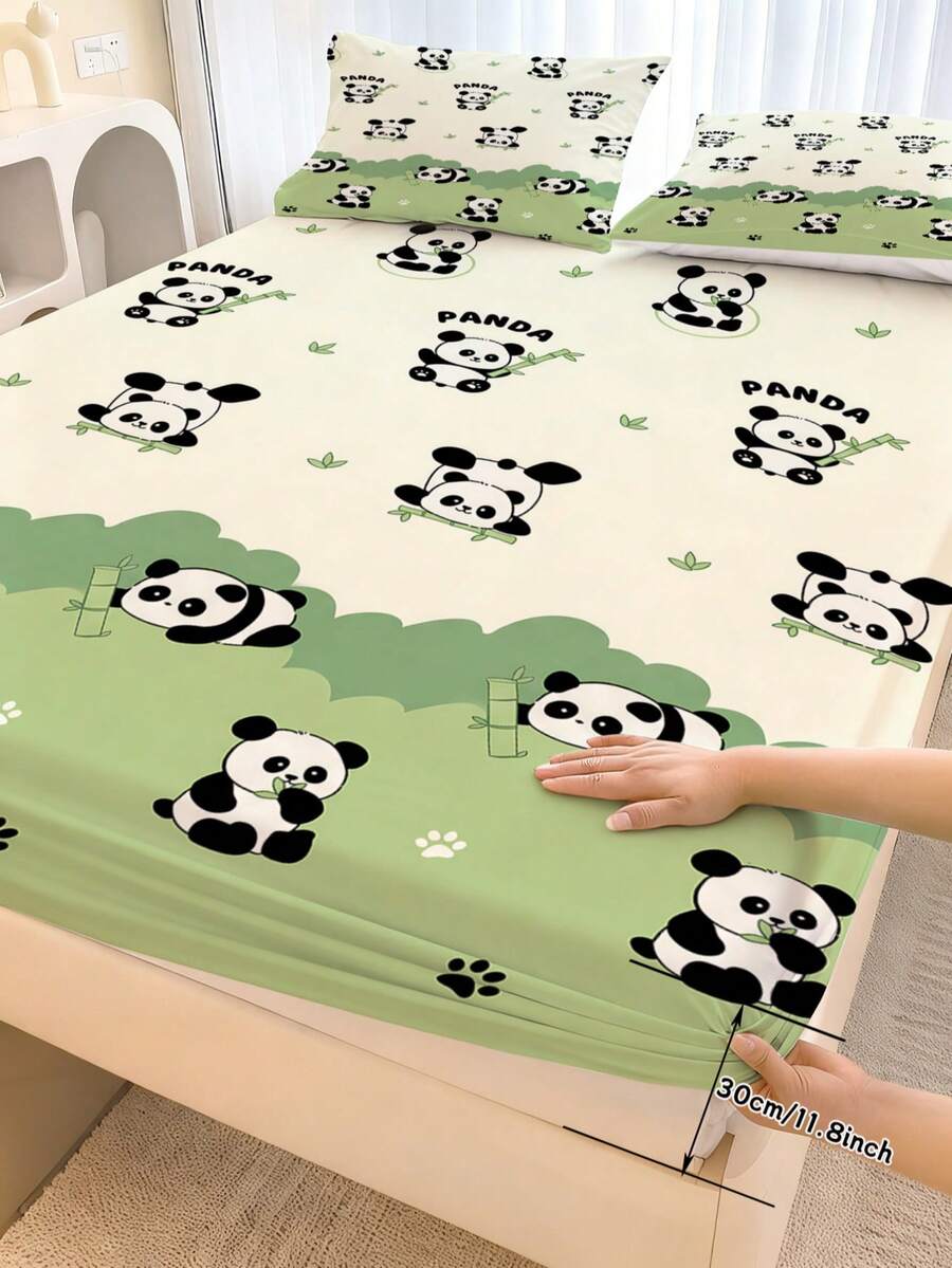 2/3PCS Adorable Cartoon Panda Bedding Set, Green Bamboo & Paw Print Bed Sheet With Pillowcases, Soft Microfiber Fitted Sheet (Twin/Full/Queen/King Size) - Multicolor - View 1