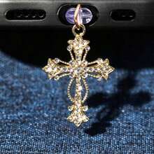 1pc Fashion Cross Alloy Rhinestone Gothic Style Cross Phone Dust Plug - Multicolor - View 7