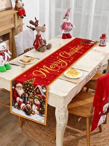 1件裝聖誕紅金配色桌旗，聖誕老人、雪人與聖誕樹圖案，聚酯纖維 180*35cm 聖誕桌布桌巾，聖誕桌飾，聖誕節裝飾，冬季居家裝飾，節日派對裝飾 - 彩色 - 查看 3