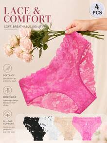 Aesletic 4pcs/Pack Women's Floral Full Lace Triangle Panties, Sexy Romantic Lingerie, Comfortable Sheer Fabric, Suitable For Spring And Summer - Multicolor - View 4