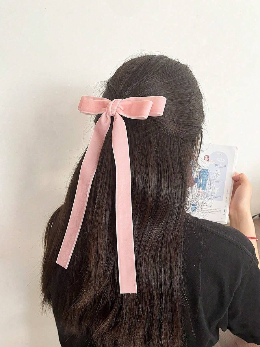 1件女款純色天鵝絨長緞帶蝴蝶結髮夾，溫柔風格，百搭半紮髮飾，適合女孩校園日常穿搭，開學禮物