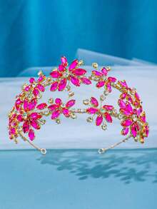 Fuchsia Rhinestone Flower Bridal Headband Wedding Hair Accessories Women Bride Bachelorette Party Prom Pageant Birthday Formal Evening Celebration - Hot Pink - View 5