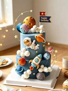 Star Planet Metal Wire Flag Cake Topper, Baby 100 Days Celebration Dessert Table Decor, Baby Boy Baptism Birthday Dessert Decoration - Multicolor - View 1