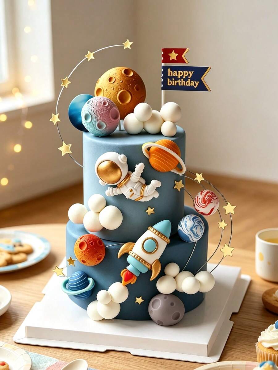 Star Planet Metal Wire Flag Cake Topper, Baby 100 Days Celebration Dessert Table Decor, Baby Boy Baptism Birthday Dessert Decoration - Multicolor - View 1