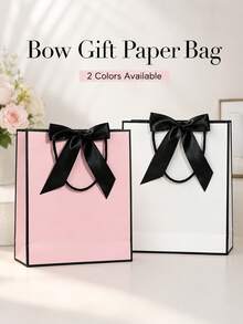 1 peça/2 peças/6 peças 2 Estilos Sacolas de Presente de Papel Rosa e Branco com Laço de Fita Preta e Alças de Corda, Sacolas de Compras Elegantes e Minimalistas para Aniversário, Casamento, Chá de Panela, Formatura, Feriado, Roupas, Cosméticos e Embalagem de Presentes, Sacolas Reutilizáveis - Bolsa tote com laço - Visão 2