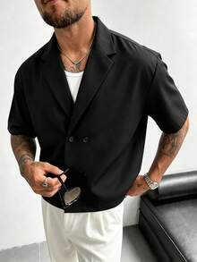 GloMan Old Money Style Men's Black Button Short Sleeve Loose Blazer, Summer Autumn Shirt, Business Casual, Vacation, Beach, Office Commute, Streetwear, Suitable For Father/Husband - Black - View 2