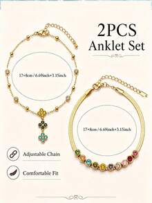 2 Peças Conjunto de Corrente de Pé de Dupla Camada Resort à Beira-Mar, Banhado a Ouro 18K em Aço Inoxidável, Cor Premium, Diamante, Corrente de Pé da Moda Feminina - Ouro 3 - Visão 5