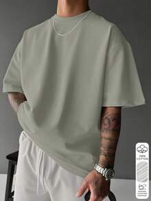 Solid Grass Green 100% Pure Cotton Short Sleeve T-Shirt Men Loose Basic Casual T-Shirt - Olive Green - View 3