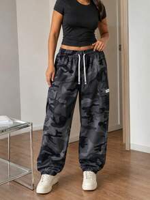 Women's Camouflage Casual Cargo Pants, Elastic Waist Drawstring Joggers With Side Pockets Sports - Grey - View 5