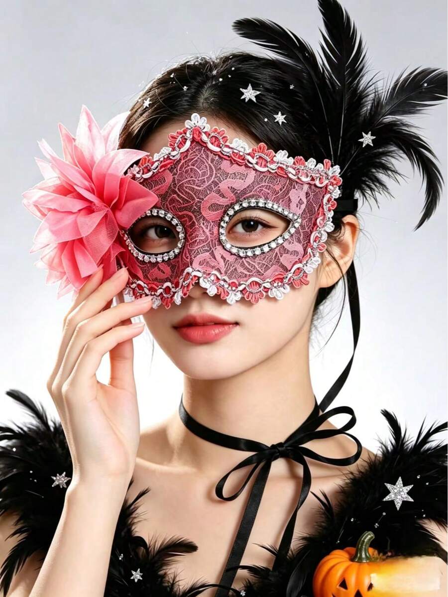 1pc Halloween Venetian Lace Mask With Side Floral Rhinestone Half Face Eye Mask, Unisex Costume Accessory For Masquerade Ball, Carnival Party, Photo Props - Multicolor - View 1