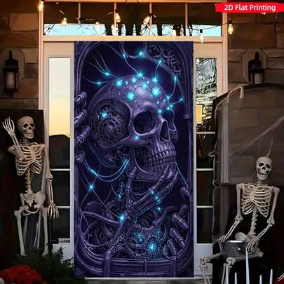 1pc 2D Flat Banner Cyberpunk Mechanical Skull Wall Hanging, Futuristic Tech Style Glowing Gear & Skeleton Print Wall Decor, Suitable For Sci-Fi Theme Party Backdrop, Gaming Room Cool Decoration, Personalized Room Tapestry, Polyester Material