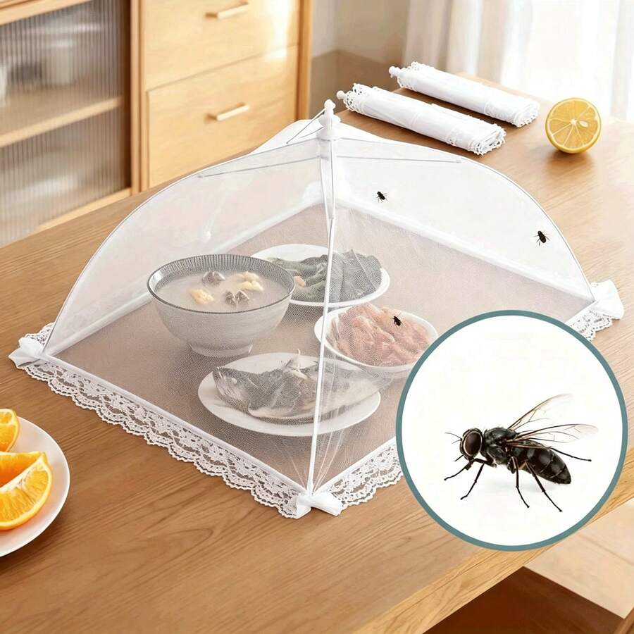 2/1pc White Foldable Food Cover, Breathable Mesh Dust-Proof And Fly-Proof Cover For Home Kitchen Cooked Food, Fruits And Vegetables