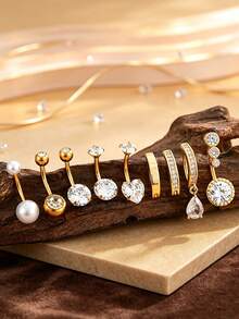9pcs Stainless Steel Short Navel Rings Set With Faux Pearl, Heart, Water Drop, Geometric Zirconia Decor, Women's Body Piercing Jewelry For Daily Wear - Yellow Gold - View 2