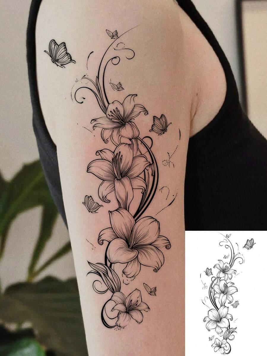 1 Sheet Long Lasting Dainty One Line Lily Arm Temporary Tattoos, Waterproof Tiny Butterfly Scroll Swirl Bicep Stickers, Minimal Vintage Fake Tattoos For Daily Sleeveless Cafe Gentle Decor - Black - View 1
