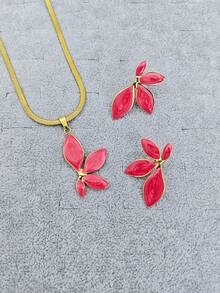 Gold Tone Flat Snake Chain Jewelry Set, Hot Pink Petal Pendant Necklace And Stud Earrings, Stainless Steel Floral Accessory Set For Women - Multicolor - View 2