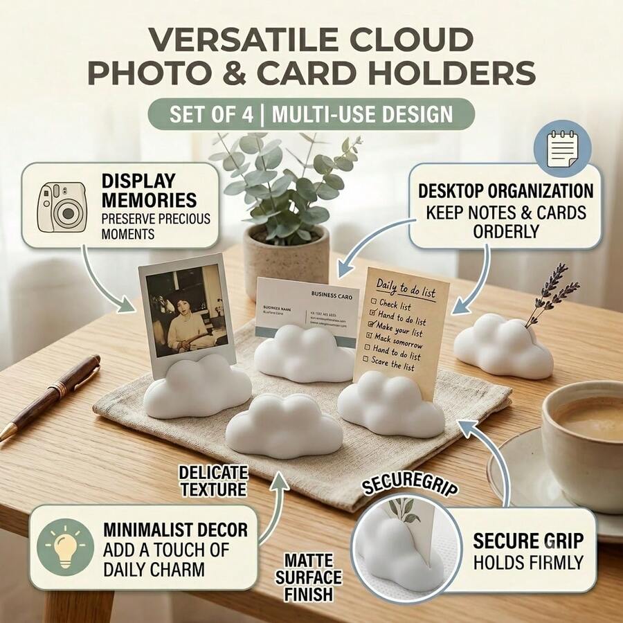 4 buah Tempat Foto Berbentuk Awan, Penyangga Bingkai Foto Meja, Rak Pajangan Multifungsi, Cocok untuk Foto Instan, Kartu Pos, Kartu Nama, dan Catatan, untuk Dekorasi Meja di Rumah dan Kantor