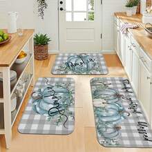 Kitchen Mat Set, Thanksgiving Pumpkin Print Design, Autumn Harvest Theme For Halloween & Christmas Decor, 0.47inch Thick Flannel Sponge Material, Indoor/Outdoor Use - Perfect For Hallway, Balcony, Bathroom, Laundry Room, Entryway, And Home Décor - White - View 2