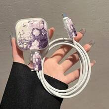 Set 3 buah Casing Pelindung Kepala Charger Motif Hati Kecil, Kompatibel dengan Charger Standar Inggris 18W/20W, Penutup Pelindung Transparan, Kompatibel dengan Model 13/14/15/16, Bahan TPU untuk Kabel Pengisian Daya dan Penutup Pelindung Kepala Charger - Bunga ungu - View 2