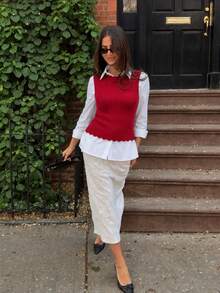 Women's Tank Top Vest, Water Bottle Style, Modal Knit, Winter/Summer Fitted Layering, Basic - Red - View 2