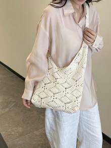 Borsa a tracolla da donna di grande capacità, borsa tote da shopping in stile bohémien intrecciata a mano in paglia - Bianco - Visualizzare 3