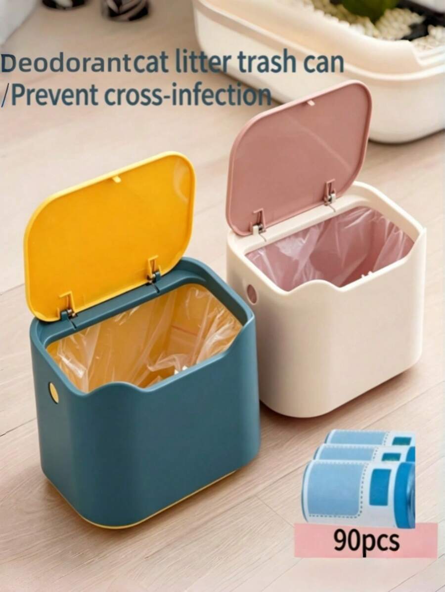 4-Piece Set Enclosed Cat Litter Trash Can (Includes 3 Rolls Of Dedicated Trash Bags, Random Color), Odor-Proof Press-Type Lid Trash Bin, Durable And Space-Saving Cat Litter Scoop