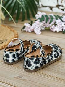 Girls' Leopard Print Patchwork Mary Jane Shoes, Vintage Round Toe Hook And Loop Strap Rhinestone Decor Slip-On Princess Shoes, Versatile - Beige - View 3