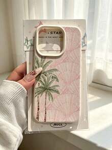 1pc Cream Leather Texture Raised Large Camera Frame Phone Case, Light Pink Watercolor Fan-Shaped Background With Palm Tree Print, Shockproof Soft Protective Phone Case, Suitable For Apple17/16/11/12/13/14/15/15Pro/15Plus/15ProMax/7Plus/8Plus/X/XsMax/Xr/11Pro/13Pro/14Pro/11ProMax/12ProMax/13ProMax/14ProMax/14Plus/7/8/16Pro/16Plus/16ProMax/17Pro/17e/17ProMax - Multicolor - View 31