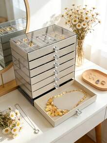 1pc, Luxury Multi-Layer Acrylic Jewelry Storage Box, Dust-Proof Transparent Lid With Flocked Compartments, Home Vanity Earring Ring Necklace Jewelry Organizer - Multicolor - View 5