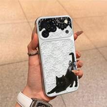 1 buah Casing Ponsel TPU Bahan Hitam & Putih dengan Motif Kucing Hitam Manis dan Keren, Kompatibel dengan iPhone 17 Pro Max/17/16 Pro Max/15/14/13/12/11, Perlindungan Ponsel Full Cover Anti-Jatuh, Casing Lembut Pelindung Ponsel - Perak - View 1