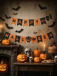 2pcs-Happy Halloween Bunting, Halloween Banner, Pumpkin Ghost Bat Paper Garland, Suitable For Indoor Halloween Party, Halloween Home Decor, Fireplace, Wall, Porch, Haunted House And Gothic Theme Decoration, Home Decor Living Room, Room Decoration, Halloween Holiday Home Decor, Halloween Festival Accessories Party Supplies, Holiday Background Decoration Banner, My Recent Halloween Order - Multiple Styles - View 1