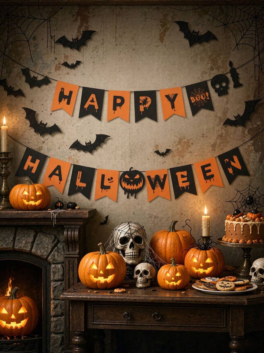 2pcs-Happy Halloween Bunting, Halloween Banner, Pumpkin Ghost Bat Paper Garland, Suitable For Indoor Halloween Party, Halloween Home Decor, Fireplace, Wall, Porch, Haunted House And Gothic Theme Decoration, Home Decor Living Room, Room Decoration, Halloween Holiday Home Decor, Halloween Festival Accessories Party Supplies, Holiday Background Decoration Banner, My Recent Halloween Order - Multiple Styles - View 1