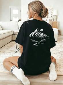 Loose Casual Daily Tee, Short Sleeve Top Featuring Front And Back Double Sided Print, Versatile Outfit For Autumn, Lokale Lager - 黑色 - 查看 6