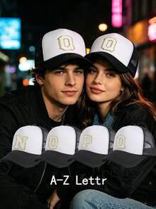 1 Buah Topi Baseball Bordir Huruf A-Z, Topi Trucker Blok Warna, Jaring Bernapas dan Dapat Diatur, Perlindungan Matahari Luar Ruangan, Topi Pasangan, Gaya Minimalis - Hitam dan Putih - View 1