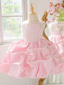Young Girls Spaghetti Strap Pleated Satin Birthday Puff Princess Dress Suitable For Wedding, Headband Not Included - Baby Pink - View 9