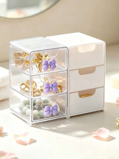 Mini Desktop Drawer Storage Box With Bowknot Decoration, Bowknot Decorated Cosmetic Storage Box, Plastic Multi-Layer Jewelry & Cosmetic Storage Box, Transparent Drawer Storage Box, Jewelry Storage Box, Non-Electric Desktop Storage, Transparent Visible Design, Dust-Proof, Suitable For Vanity, Bedroom, Office, Ideal For Storing Daily Essentials, Perfect For Home Vanity, Best Gift For Classmates, Sisters, Mothers, Back To School, Labor Day, Birthday