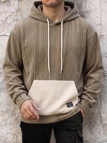 GOLDREDY Men's Spring/Autumn Asymmetrical Striped Colorblock Pocket Hooded Jacket, College Style Casual Fashion Minimalist Daily Versatile For Multiple Occasions - Brown - View 2
