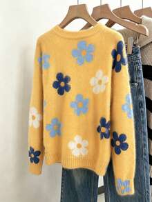 Women's Floral Print Ribbed Knit Pullover Sweater, Long Sleeve, Medium Stretch, Suitable For Autumn/Winter, Casual Fashion Autumn Style - Yellow - View 7