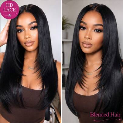 Wig Rambut Manusia Campuran Depan Renda 24 Inci, Wig Panjang Lurus Berlapis Hitam Definisi Tinggi 4x4 untuk Wanita, Wig Campuran Depan Serat Premium Tanpa Poni, Cocok untuk Pemakaian Sehari-hari, Wig Hadiah
