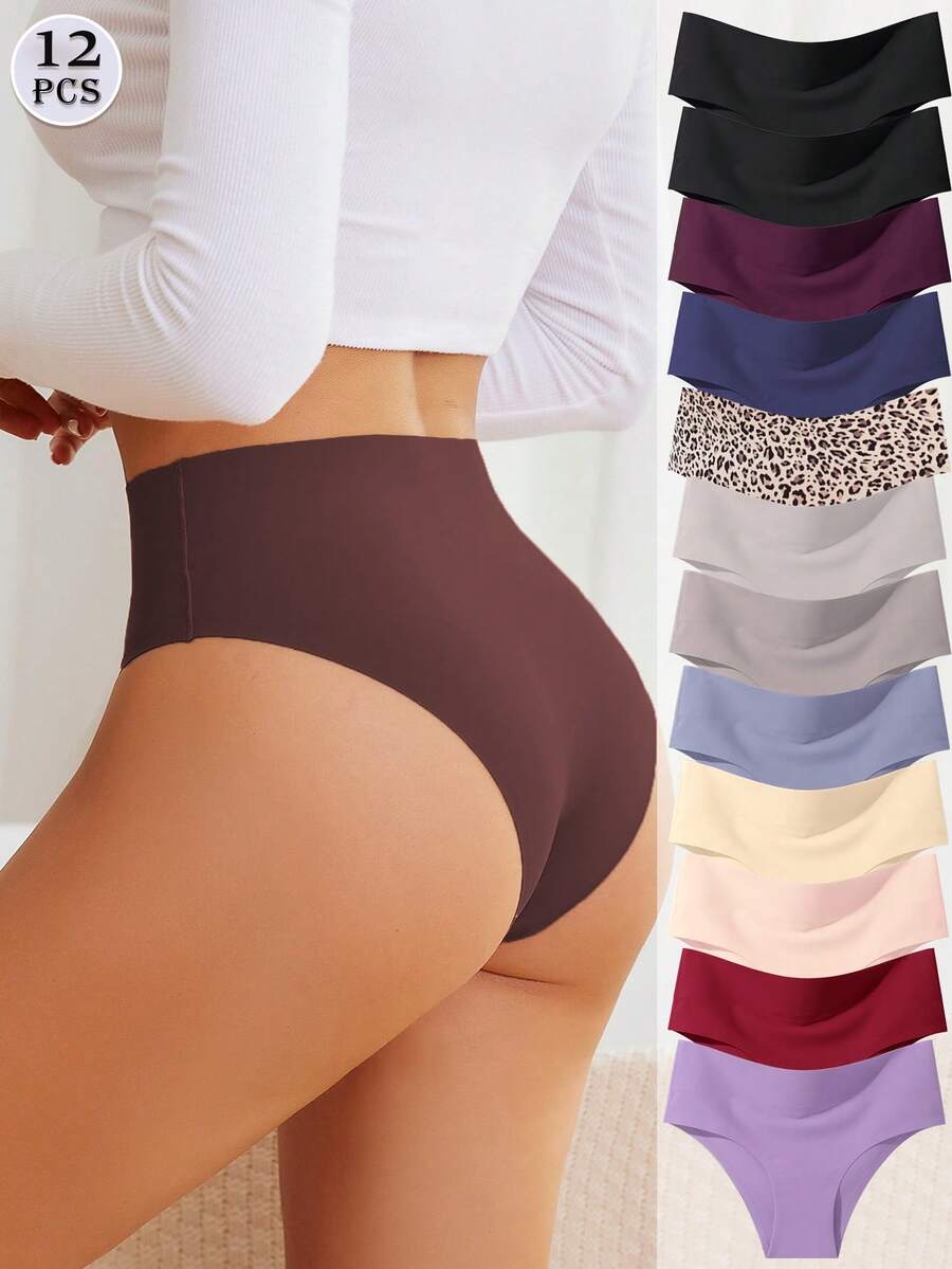 12Pcs High Waisted Slightly Tummy Tuck Fashion Simple Women's Briefs - 彩色 - 查看 1