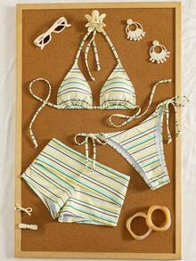 Set Baju Renang Bergaris 3 Potong - Atasan Halter yang Menarik dan Bawahan Renang Pinggang Rendah, Sempurna untuk Liburan Pantai Musim Panas - MultiWarna - View 3