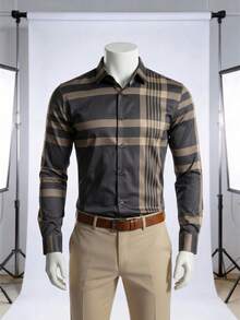 Men's Striped Colorblock Single-Breasted Long Sleeve Casual Shirt - Dark Grey - View 9