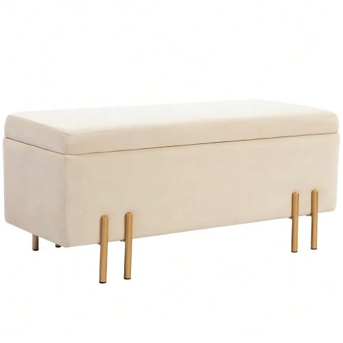 Storage Bench Velvet Upholstered Bench, Storage Trunk With Wooden Legs, Storage Bench For Living Room Bedroom Hallway 100 X 40 X 42 Cm, Beige - Beige - View 1