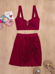 jeederkim New Summer Women Metal Decor Bikini Top, Matching Sheer Mini Skirt, Perfect For Beach Wear Vacation - Burgundy - View 6