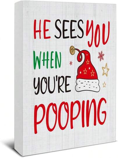Christmas Bathroom Decorations Funny Christmas Wood Box Sign He Sees You When You'Re Pooping Bathroom Wooden Sign Home Decor For Desk Table Shelf Gift For Women Men 7x7 Inch