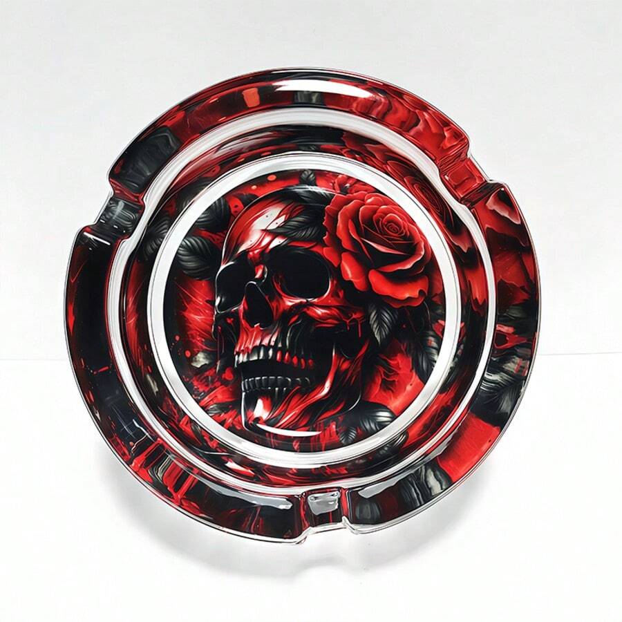 創意紅色骷髏圖案玻璃菸灰缸,圓形裝飾菸灰缸擺飾,送給朋友的禮物 - 紅色骷髏頭 - 查看 1