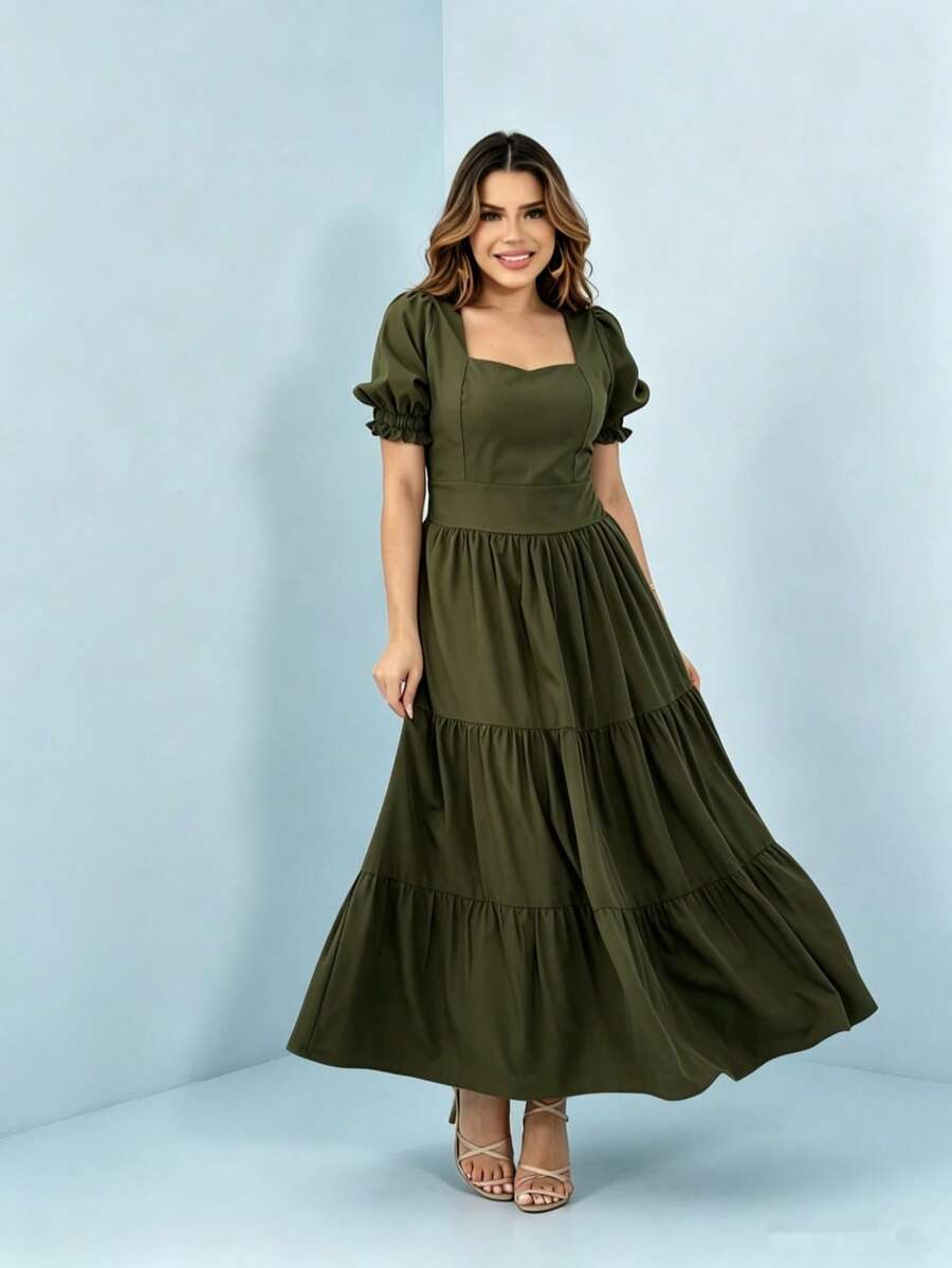 Vestido elegante midi feminino com costas elásticas manga curto